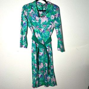 Vintage Union Made Floral Poly Knit Long Sleeve Dress Ultrasuede Belt Medium